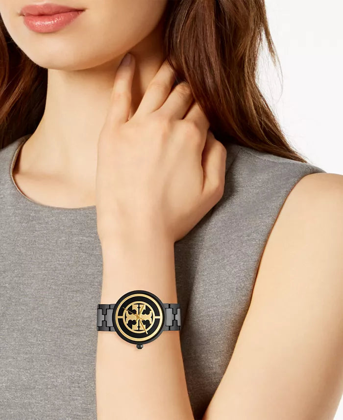 Tory Burch Reva Black Stainless Steel Gold Logo Dial  Women's Watch TBW4039