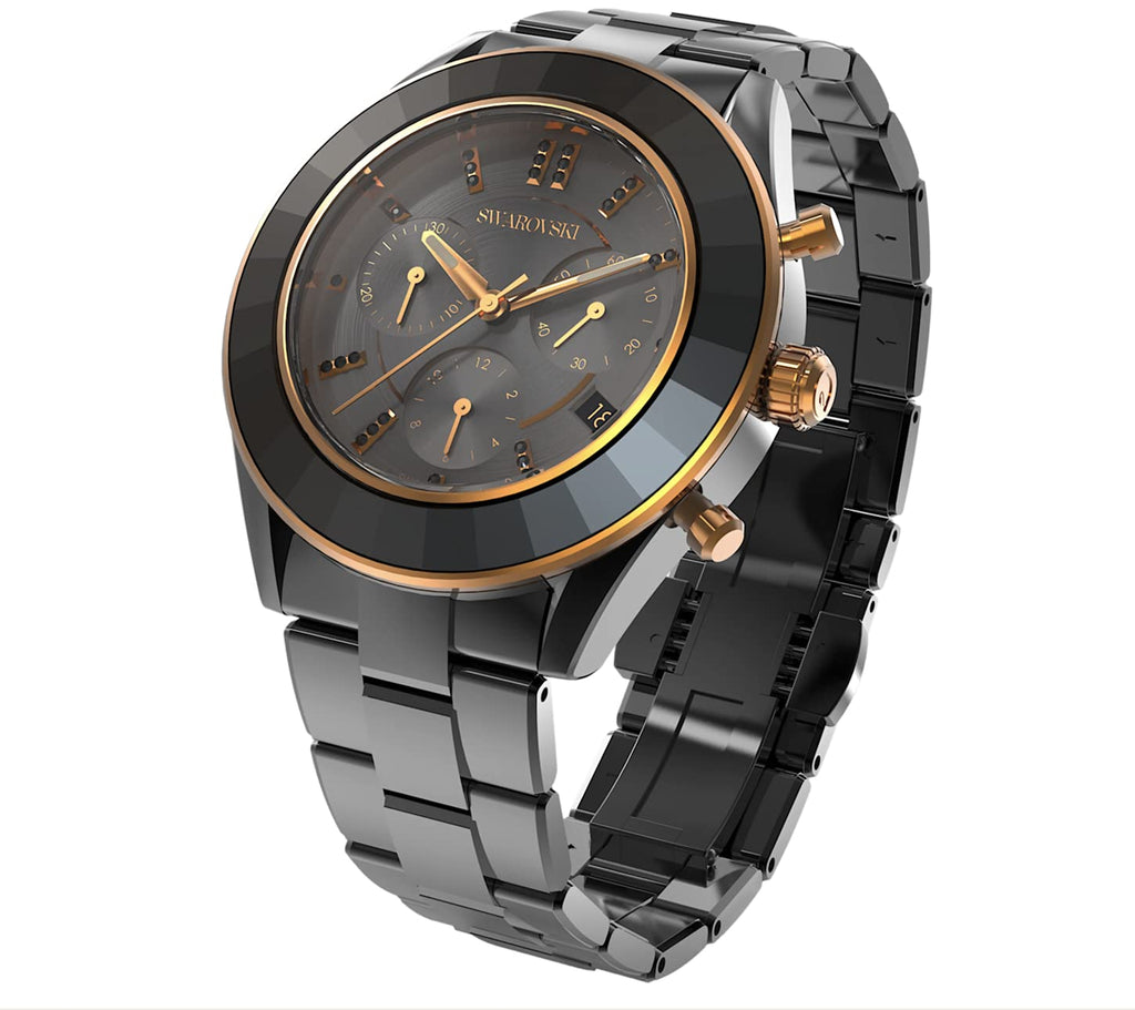 Swarovski Octea Lux Sport Faceted Crystal Bezel Black Dial Black PVD Unisex Watch 5610472