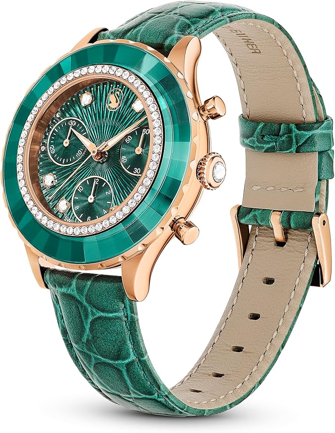 Swarovski Octea Chrono Faceted Crystal Bezel Green Dial Women's Watch 5672931