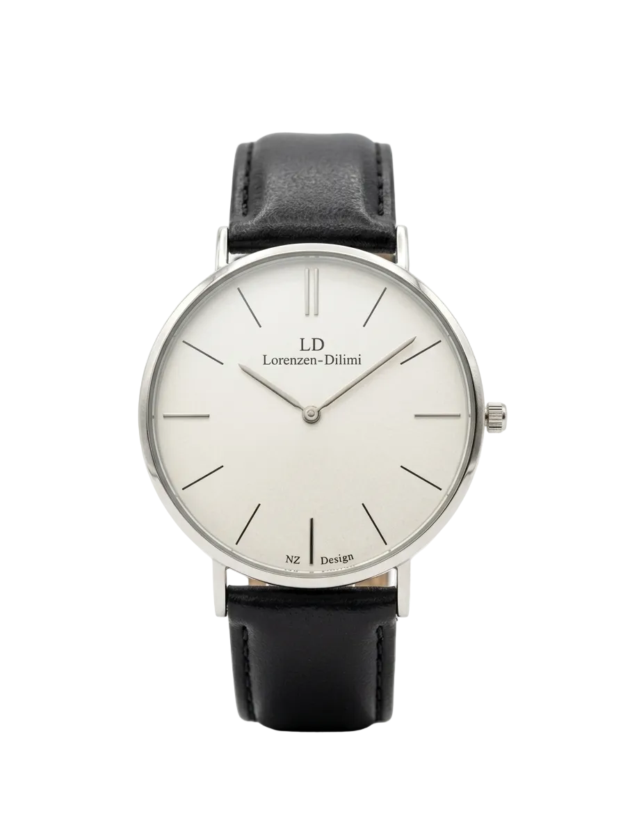 Lorenzen Dilimi Slim White Dial Genuine Black Leather Strap Men's Watch
