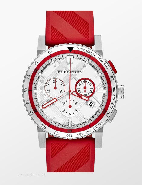 Burberry City Sport Chronograph White Dial Red Rubber Strap Watch For Men - BU9809