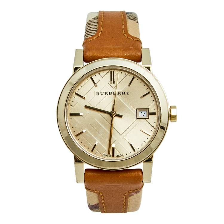 Burberry The City Champagne Dial Tan Leather and Fabric Trim Ladies Watch BU9133 - Watch