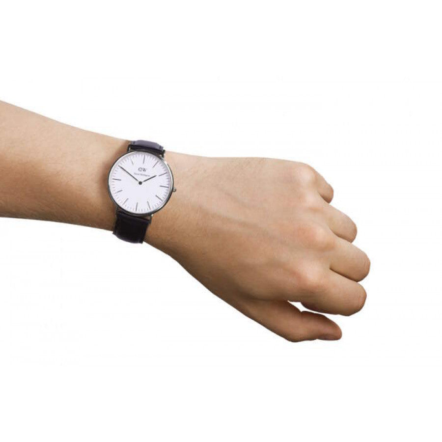 Daniel Wellington Sheffield 40mm White Dial Black Genuine Leather Men's Silver Watch - DW00100020