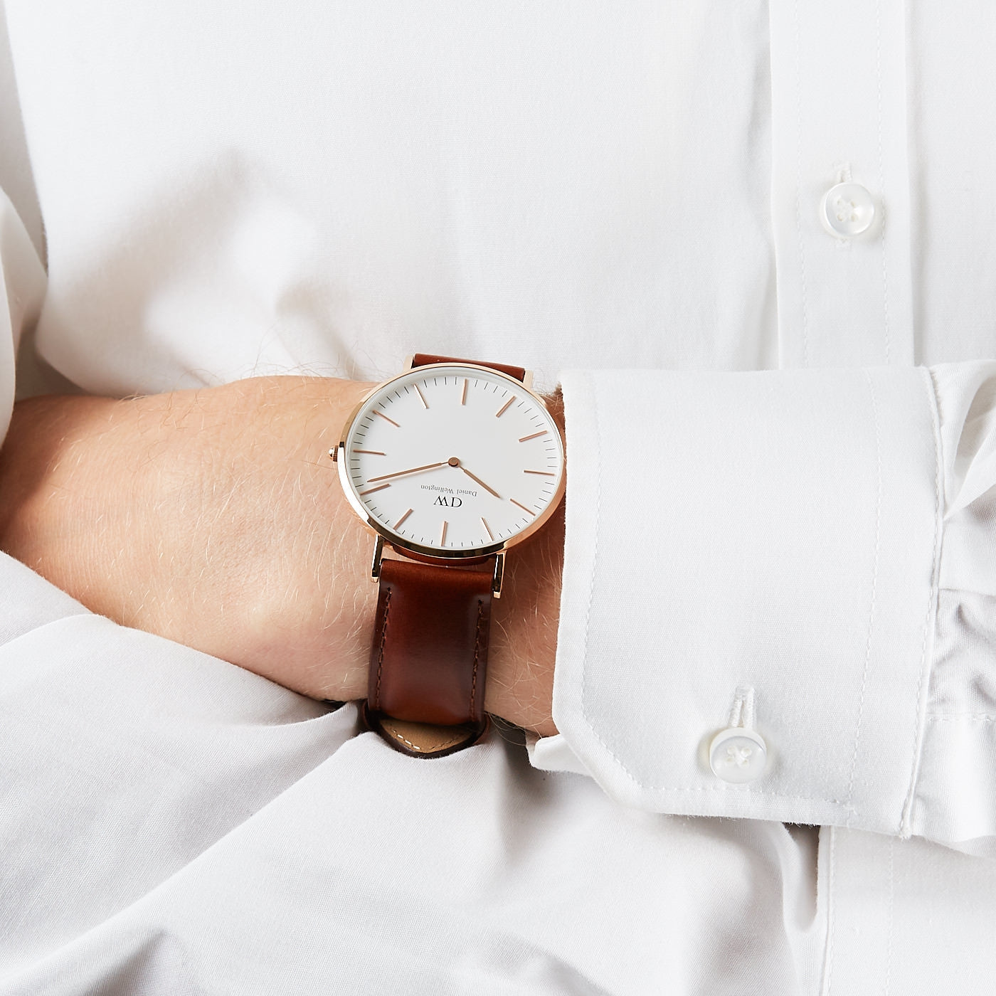 Daniel Wellington St Mawes 40mm White Dial Brown Genuine Leather Men's Gold Watch - DW00100006