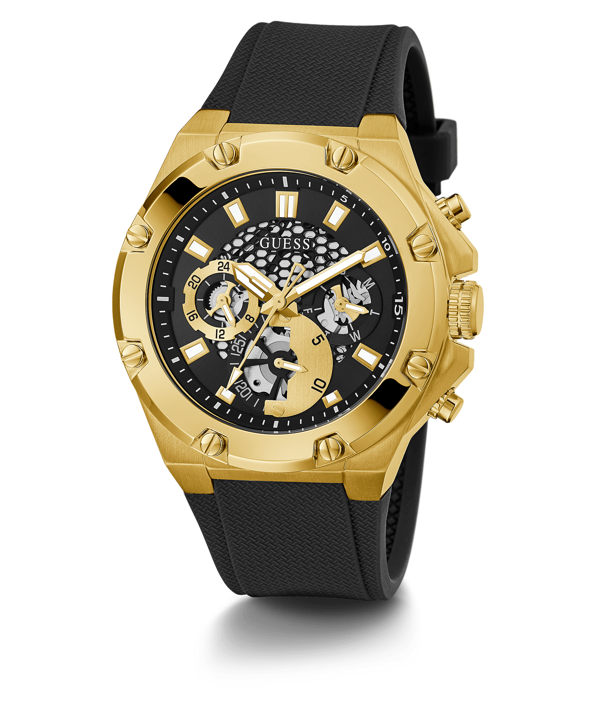 Guess Gold Tone Case Black Silicone Strap Men’s Watch GW0334G2 - Watch