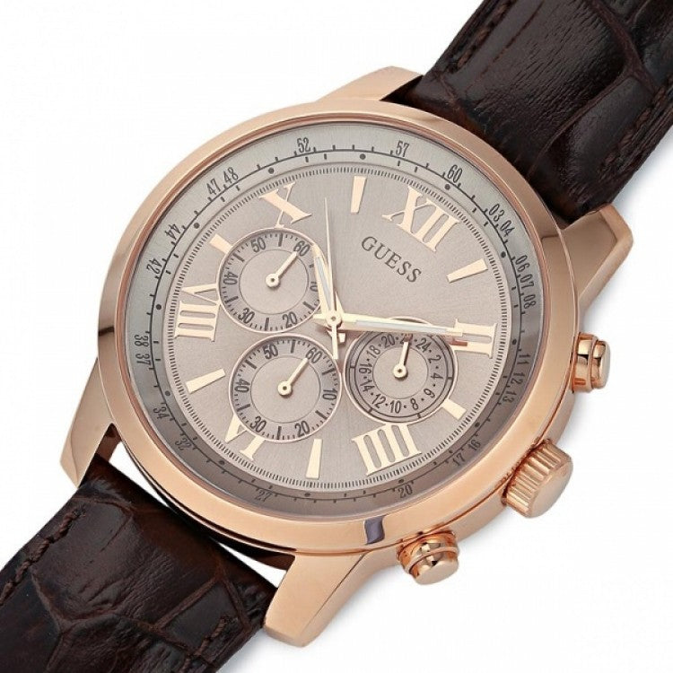 Guess Horizon Silver Dial Leather Strap Men’s Watch W0380G4 - Watch