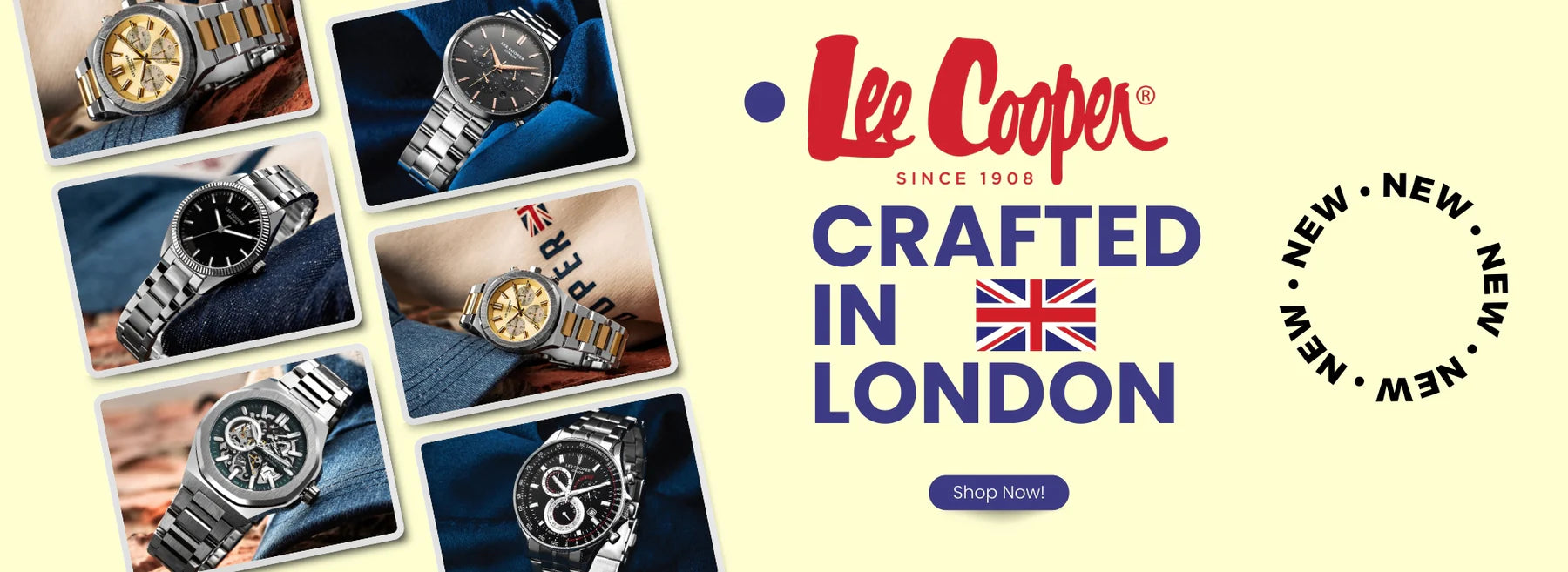 Lee Cooper watch advertisement with watches displayed and brand name on a beige background.
