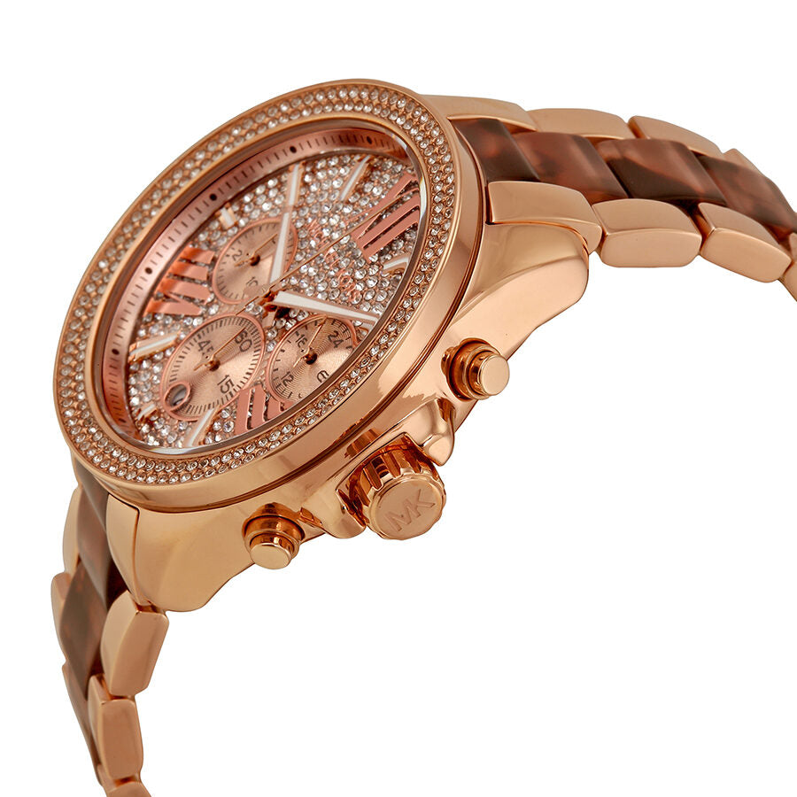 Michael Kors Wren Chronograph Crystal Pave Dial Rose Gold-tone and Tortoise-shell Acetate Ladies Watch MK6159
