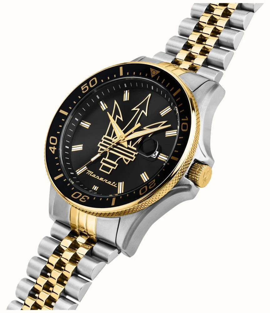 Maserati Sfida Black Dial Gold Hands Date Tow Tone Men's Watch  R8853140009