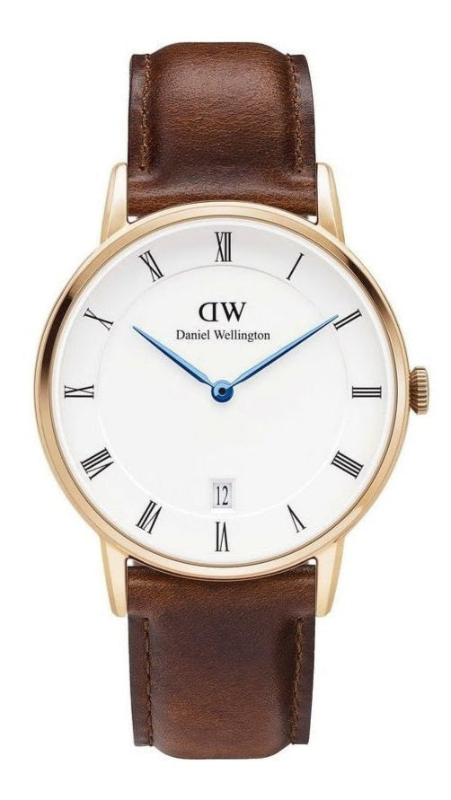 Daniel Wellington Dapper St Mawes 38mm White Dial Brown Genuine Leather Gold Date Watch - DW00100091