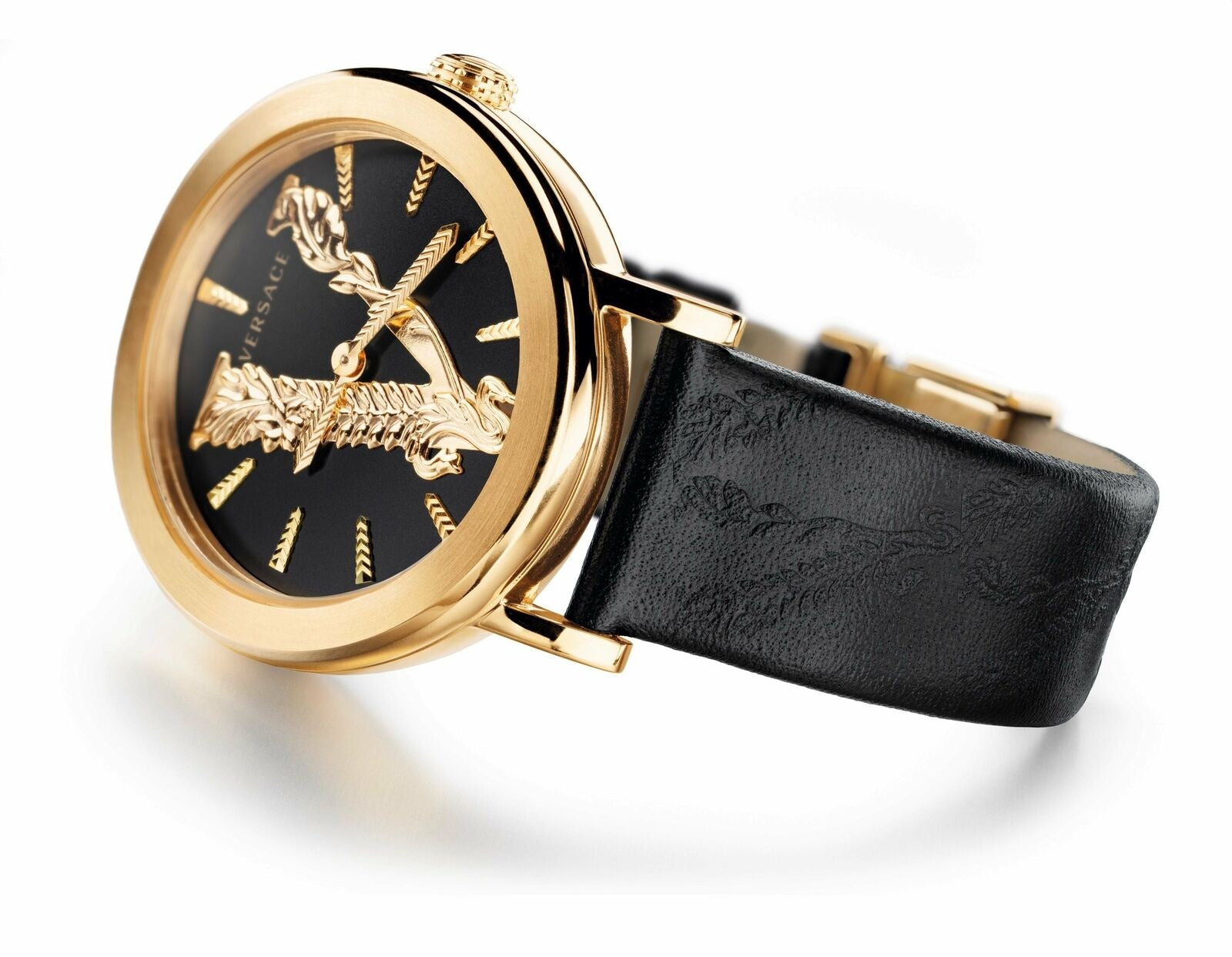 Versace Virtus Quartz Black Dial Black Leather Ladies Watch VEHC00119 - Watch