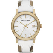 Burberry BU9015 Women's Swiss Heymarket Check Fabric and White Leather Band White Dial Women's Watch  BU9015 - Kiwi Watches