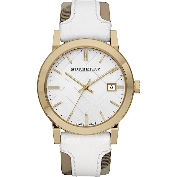Burberry BU9015 Women's Swiss Heymarket Check Fabric and White Leather Band White Dial Women's Watch  BU9015 - Kiwi Watches
