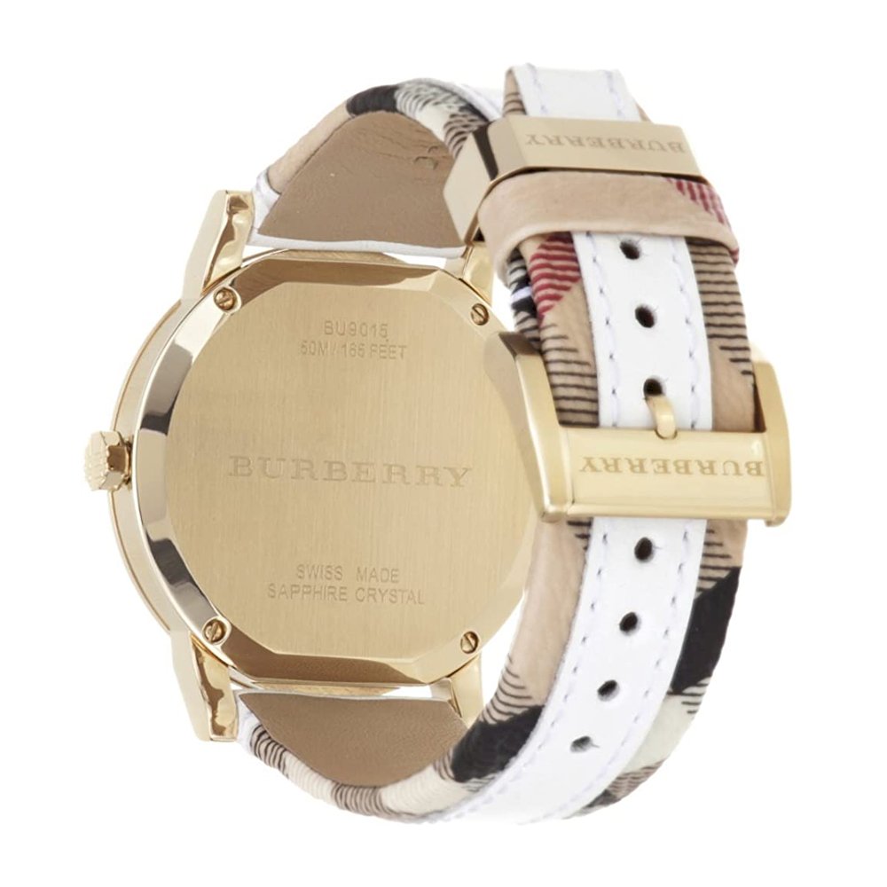 Burberry BU9015 Women's Swiss Heymarket Check Fabric and White Leather Band White Dial Women's Watch BU9015 - Kiwi Watches #2