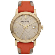 Burberry Women's Swiss Haymarket Check Fabric and Smooth Orange Leather Strap Women's Watch  BU9016 - Kiwi Watches