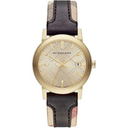 Burberry Men’s Swiss Made Quartz Black Check Stamped Leather Strap Gold Dial Men's Watch  BU9032 - Kiwi Watches