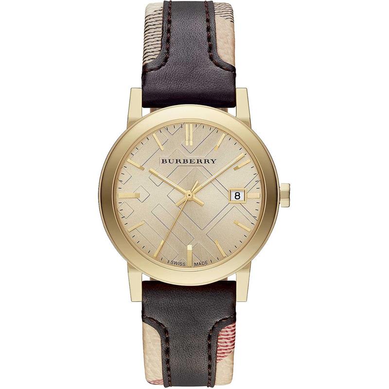 Burberry Men’s Swiss Made Quartz Black Check Stamped Leather Strap Gold Dial Men's Watch  BU9032 - Kiwi Watches