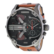 Diesel Big Daddy DZ7332 316L gunmetal stainless steel & genuine leather strap 30m water-resistant 4 Time zones