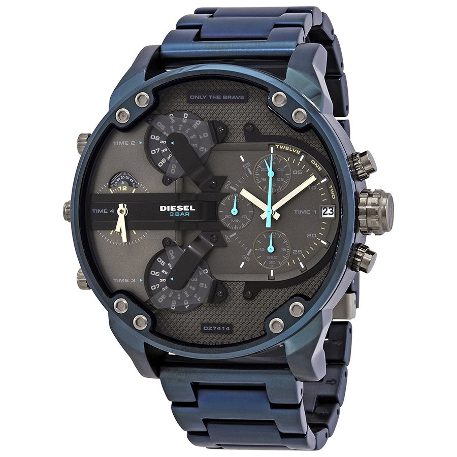 Diesel Big Daddy DZ7414 316L blue stainless steel 4 time zones 30m water resistant