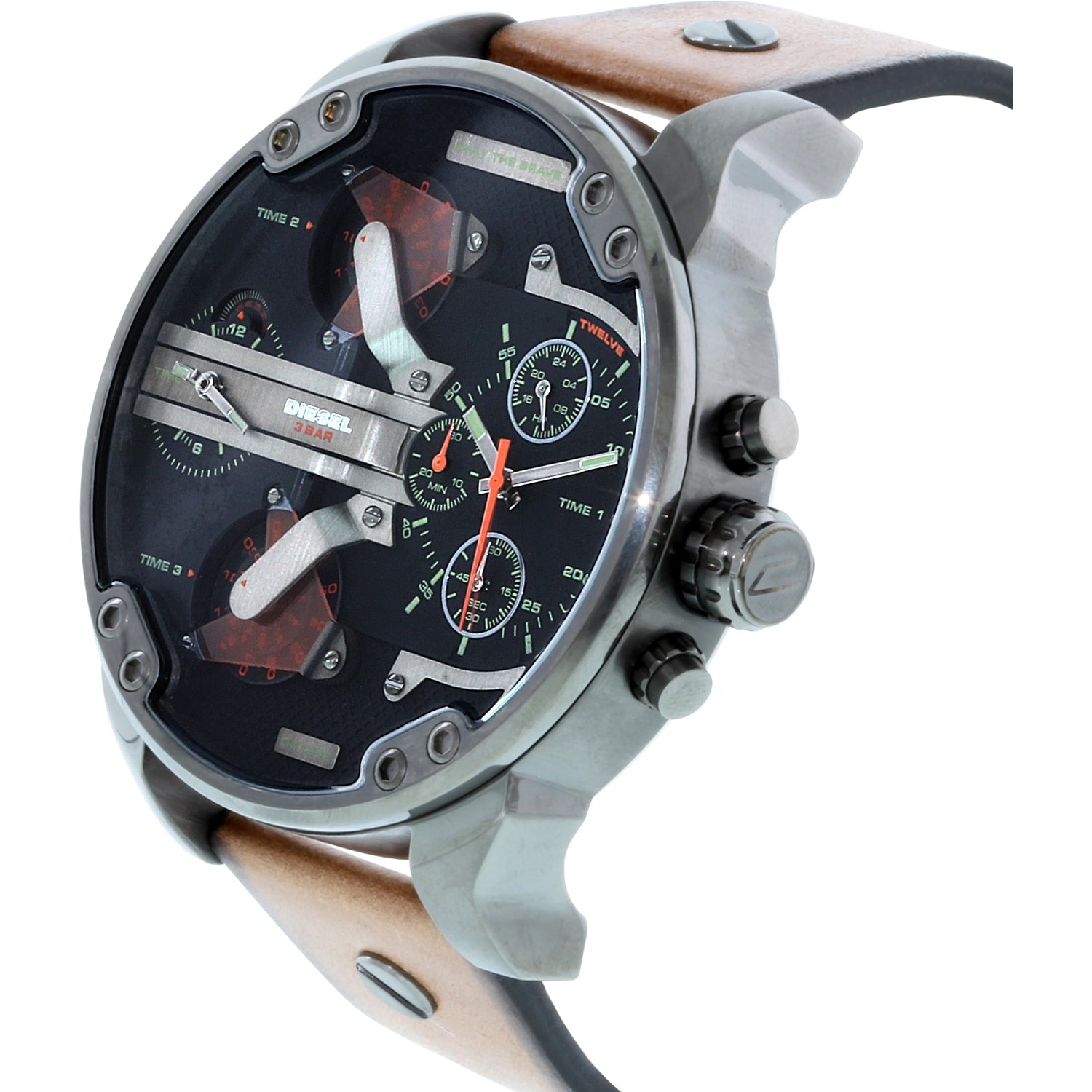 Diesel Big Daddy DZ7332 316L gunmetal stainless steel & genuine leather strap 30m water-resistant 4 Time zones