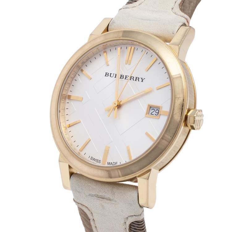 Burberry BU9015 Women's Swiss Heymarket Check Fabric and White Leather Band White Dial Women's Watch BU9015 - Kiwi Watches #3